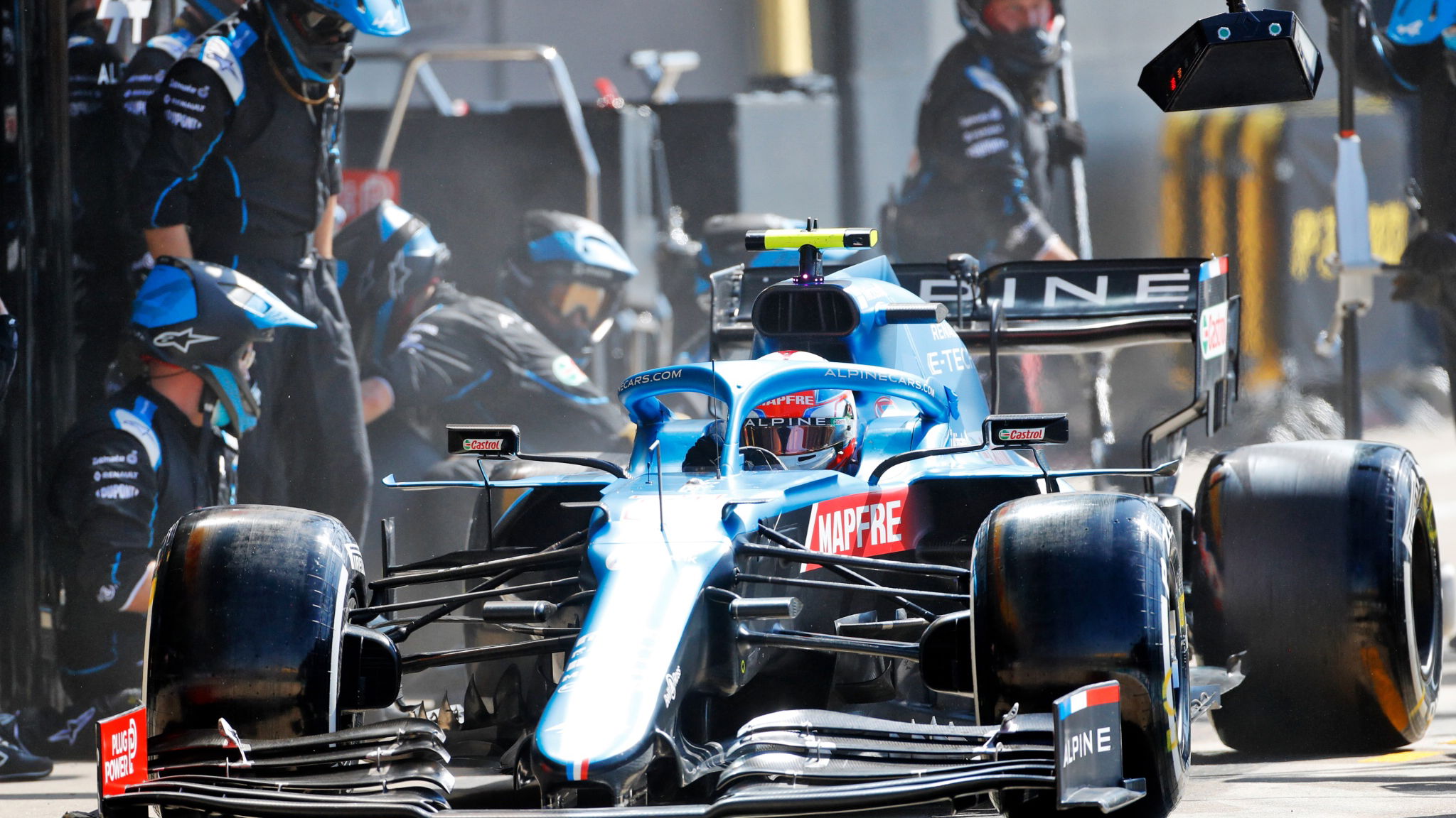 Esteban Ocon (FRA) Alpine F1 Team A521 makes a pit stop.