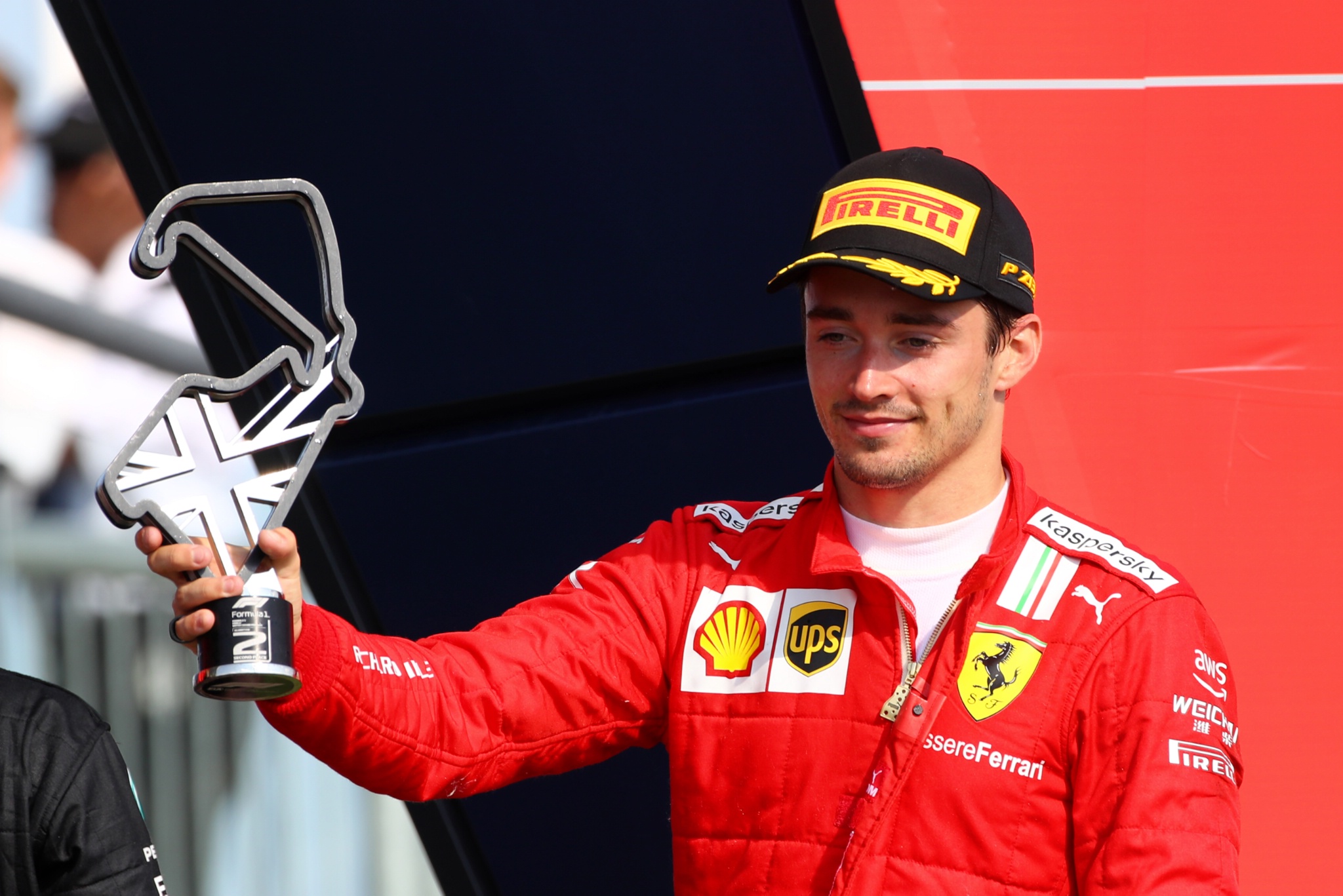 Charles Leclerc (MON) Ferrari celebrates his second position on the podium.