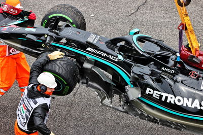 The damaged Mercedes AMG F1 W12 of Valtteri Bottas (FIN) Mercedes AMG F1.