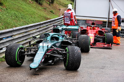 The damaged, retired cars of Lance Stroll (CDN) Aston Martin F1 Team AMR21 and Charles Leclerc (MON) Ferrari.