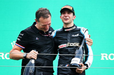 Race winner Esteban Ocon (FRA) Alpine F1 Team celebrates on the podium with Laurent Rossi (FRA) Alpine Chief Executive Officer.