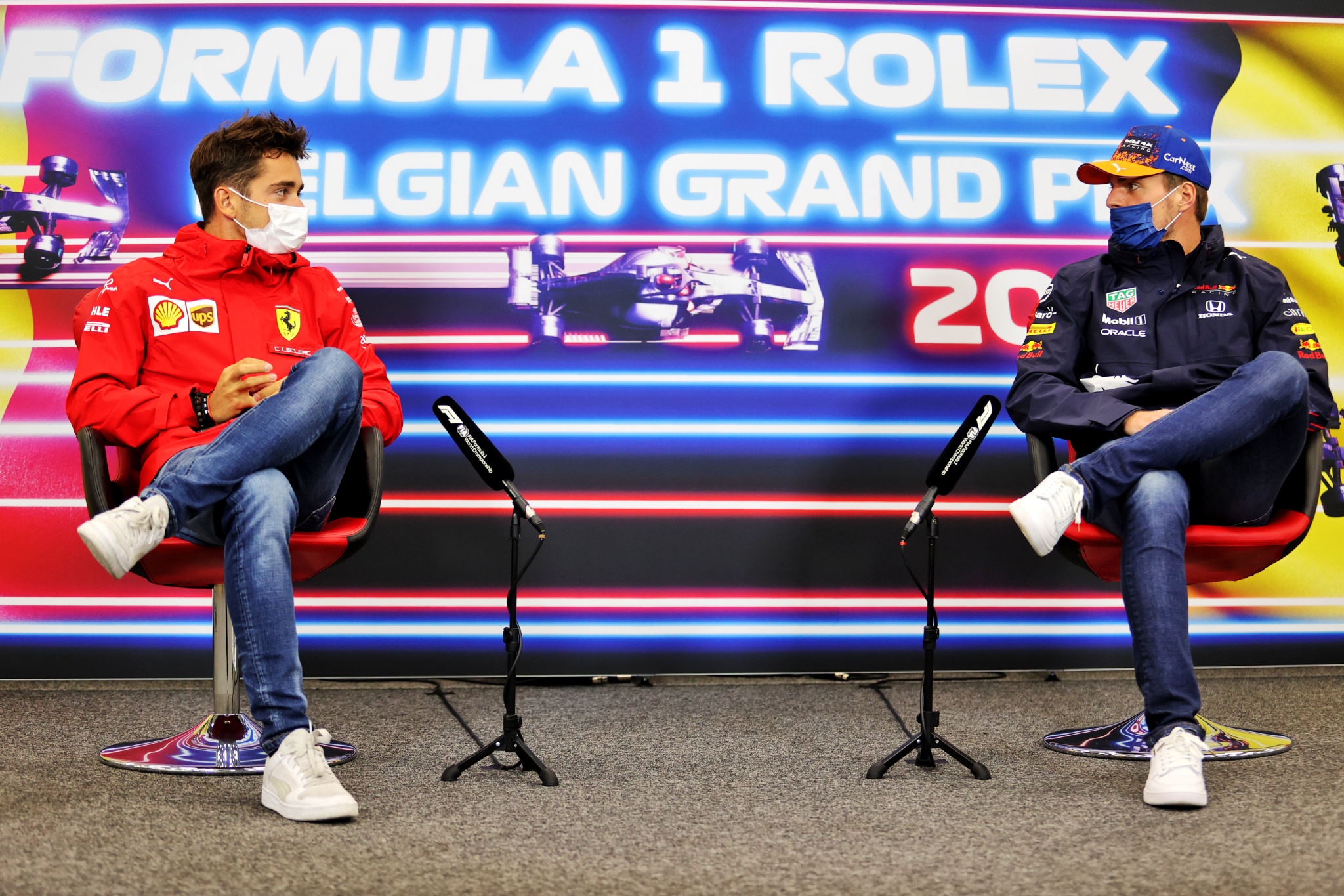 (L to R): Charles Leclerc (MON) Ferrari and Max Verstappen (NLD) Red Bull Racing in the FIA Press Conference.