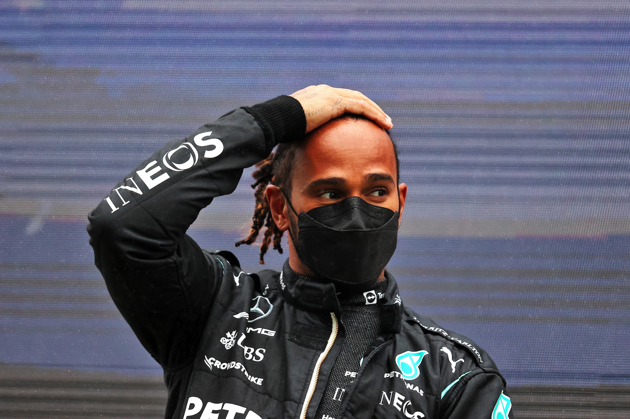 Third placed Lewis Hamilton (GBR) Mercedes AMG F1 on the podium.