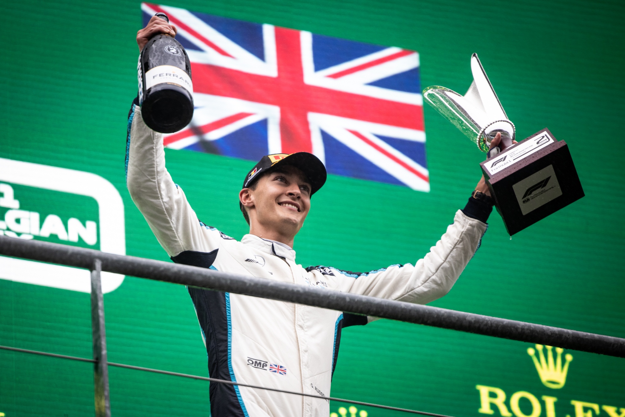 George Russell (GBR) Williams Racing celebrates his second position on the podium.