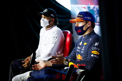 Max Verstappen (NLD) Red Bull Racing and Lewis Hamilton (GBR) Mercedes AMG F1 in the post race FIA Press Conference.