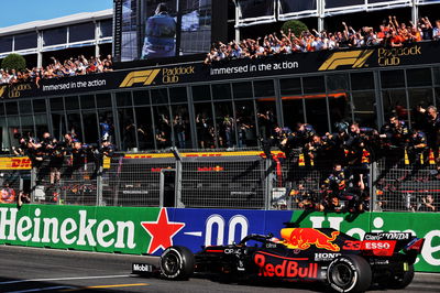 Race winner Max Verstappen (NLD) Red Bull Racing RB16B celebrates as he passes the team at the end of the race.