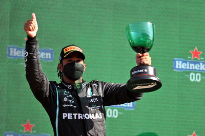 Lewis Hamilton (GBR) Mercedes AMG F1 celebrates his second position on the podium.