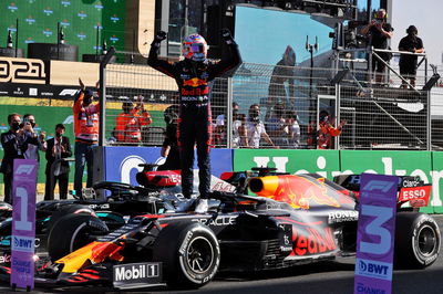 Ra Max Verstappen (NLD) Red Bull Racing RB16B celebrates in parc ferme.