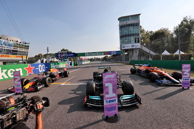 Top three in Sprint parc ferme (L to R): Max Verstappen (NLD) Red Bull Racing RB16B, second; Valtteri Bottas (FIN) Mercedes AMG F1 W12, first; Daniel Ricciardo (AUS) McLaren MCL35M, third.