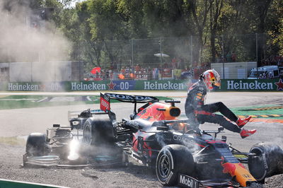 Max Verstappen (NLD) Red Bull Racing RB16B and Lewis Hamilton (GBR) Mercedes AMG F1 W12 crashed at the first chicane.