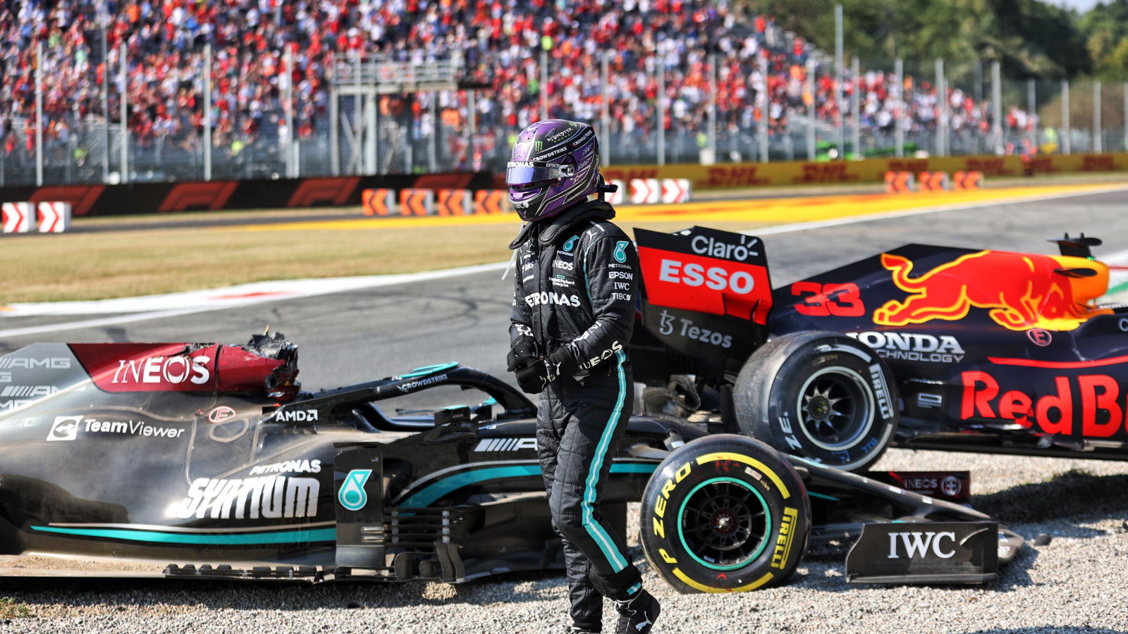 Lewis Hamilton (GBR) Mercedes AMG F1 W12 after he crashed with Max Verstappen (NLD) Red Bull Racing at the first chicane.