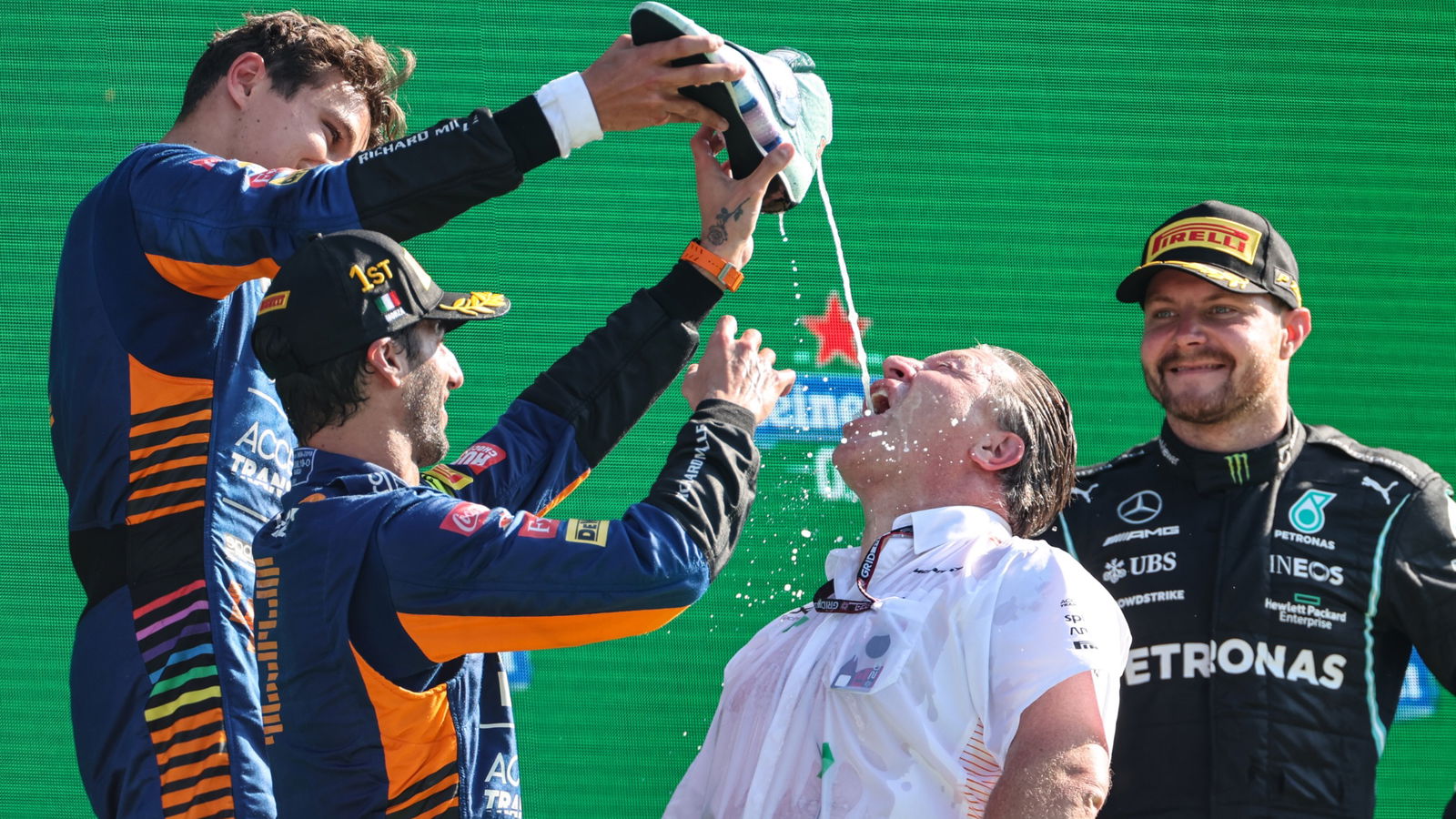 Zak Brown (USA), McLaren F1 Team Executive Director, Daniel Ricciardo (AUS), McLaren F1 Team, Lando Norris (GBR), McLaren F1 Team and Valtteri Bottas (FIN), Mercedes AMG F1 