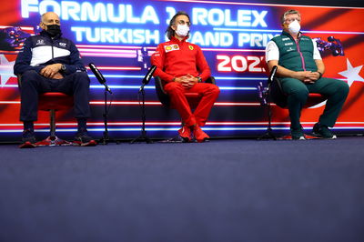 (L to R): Franz Tost (AUT) AlphaTauri Team Principal; Laurent Mekies (FRA) Ferrari Sporting Director; and Otmar Szafnauer (USA) Aston Martin F1 Team Principal and CEO, in the FIA Press Conference.