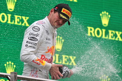 Max Verstappen (NLD) Red Bull Racing celebrates his second position on the podium.