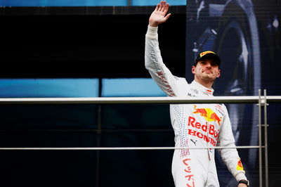 Max Verstappen (NLD) Red Bull Racing celebrates his second position on the podium.