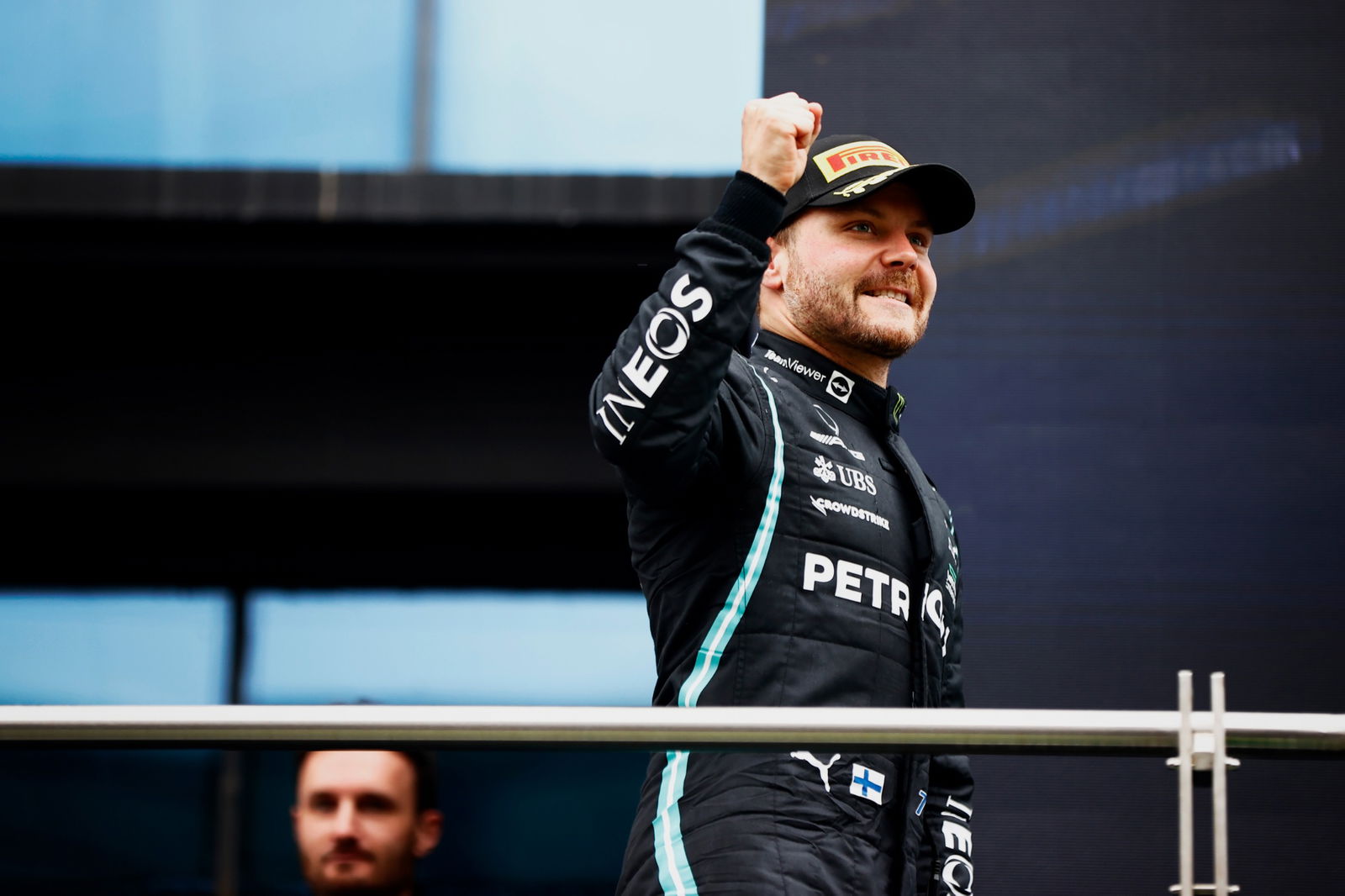 Race winner Valtteri Bottas (FIN) Mercedes AMG F1 celebrates on the podium.