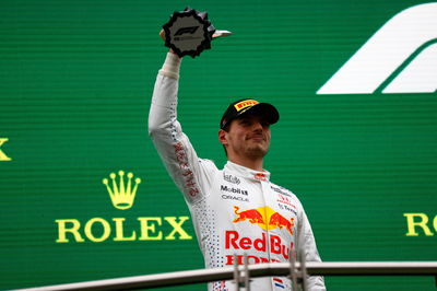 Max Verstappen (NLD) Red Bull Racing celebrates his second position on the podium.