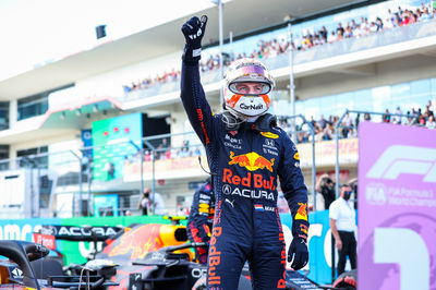 Max Verstappen (NLD) Red Bull Racing RB16B celebrates his pole position in qualifying parc ferme.