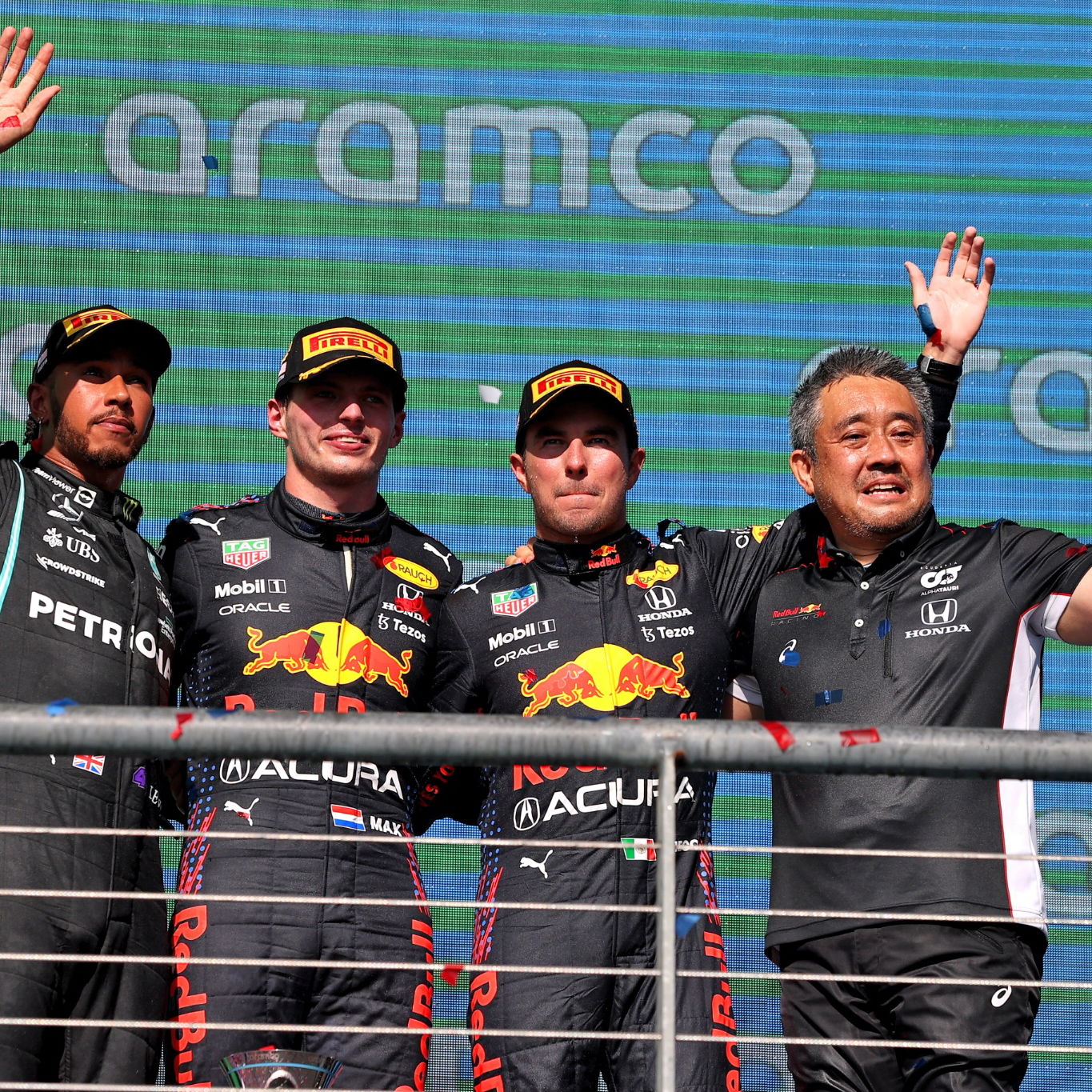 The podium (L to R): Lewis Hamilton (GBR) Mercedes AMG F1, second;Max Verstappen (NLD) Red Bull Racing, race winner; Sergio Perez (MEX) Red Bull Racing, third; Masashi Yamamoto (JPN) Honda Racing F1 Managing Director.