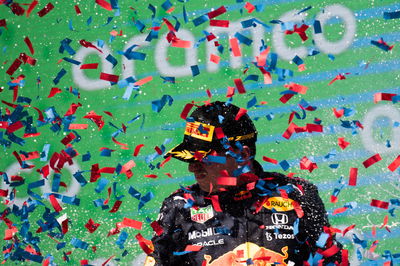 Race winner Max Verstappen (NLD) Red Bull Racing celebrates on the podium.