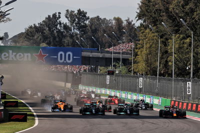 (L to R): Daniel Ricciardo (AUS) McLaren MCL35M; Lewis Hamilton (GBR) Mercedes AMG F1 W12; Valtteri Bottas (FIN) Mercedes AMG F1 W12; and Max Verstappen (NLD) Red Bull Racing RB16B at the start of the race.