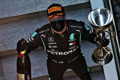 Race winner Valtteri Bottas (FIN) Mercedes AMG F1 celebrates on the podium.