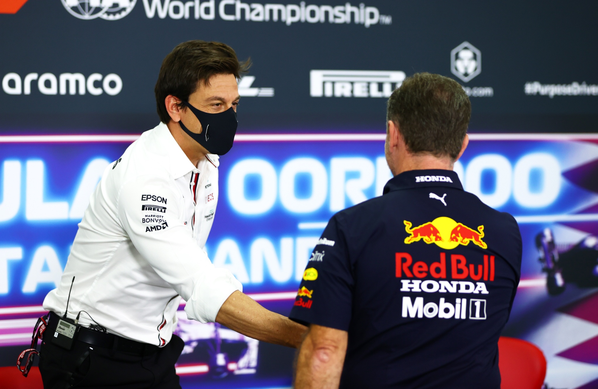 (L to R): Toto Wolff (GER) Mercedes AMG F1 Shareholder and Executive Director and Christian Horner (GBR) Red Bull Racing Team Principal in the FIA Press Conference.