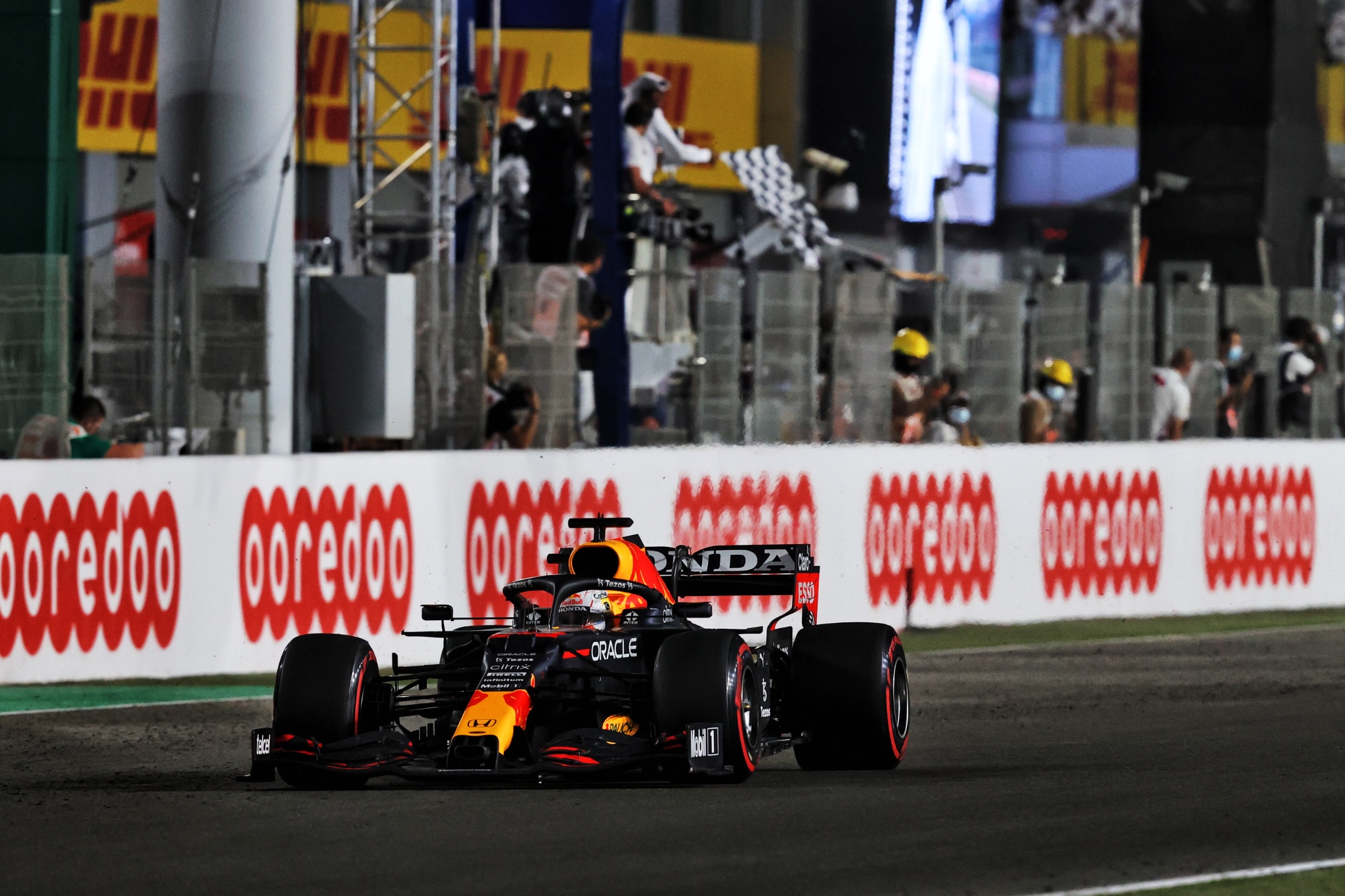 Second placed Max Verstappen (NLD) Red Bull Racing RB16B takes the chequered flag at the end of the race.