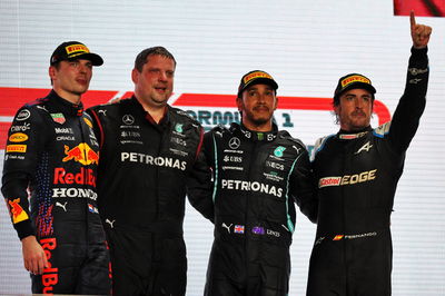 The podium (L to R): Max Verstappen (NLD) Red Bull Racing, second; Lewis Hamilton (GBR) Mercedes AMG F1, race winner; Fernando Alonso (ESP) Alpine F1 Team, third.