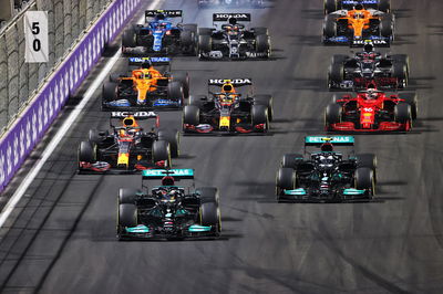 Lewis Hamilton (GBR) Mercedes AMG F1 W12 leads at the start of the race.