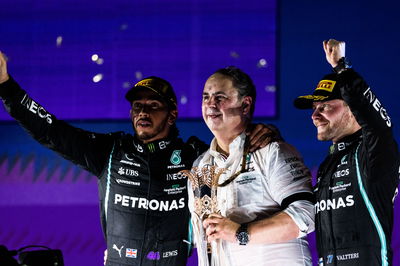 The podium (L to R): Lewis Hamilton (GBR) Mercedes AMG F1, race winner; Ron Meadows (GBR) Mercedes GP Team Manager; Valtteri Bottas (FIN) Mercedes AMG F1, third.