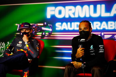 Lewis Hamilton (GBR) Mercedes AMG F1 and Max Verstappen (NLD) Red Bull Racing in the post race FIA Press Conference.