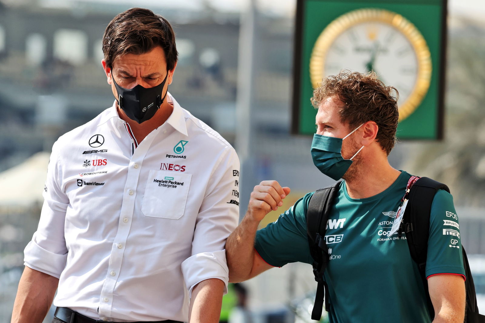 (L to R): Toto Wolff (GER) Mercedes AMG F1 Shareholder and Executive Director with Sebastian Vettel (GER) Aston Martin F1 Team.