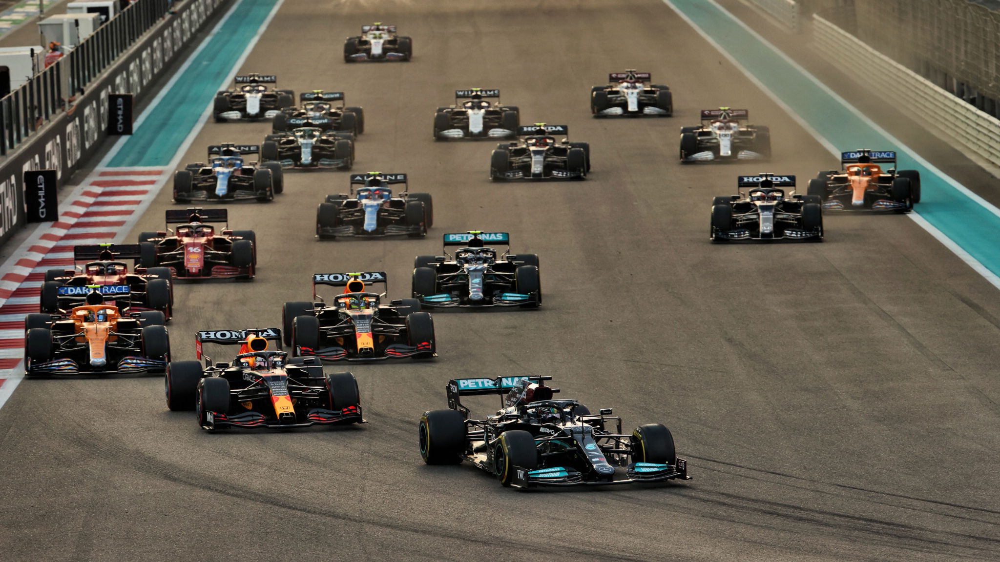 Lewis Hamilton (GBR) Mercedes AMG F1 W12 leads at the start of the race.