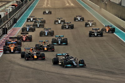 Lewis Hamilton (GBR) Mercedes AMG F1 W12 leads at the start of the race.