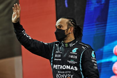 Second placed Lewis Hamilton (GBR) Mercedes AMG F1 on the podium.