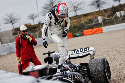 Pierre Gasly (FRA) AlphaTauri AT03 locks up under braking and crashes into the tyre barrier.