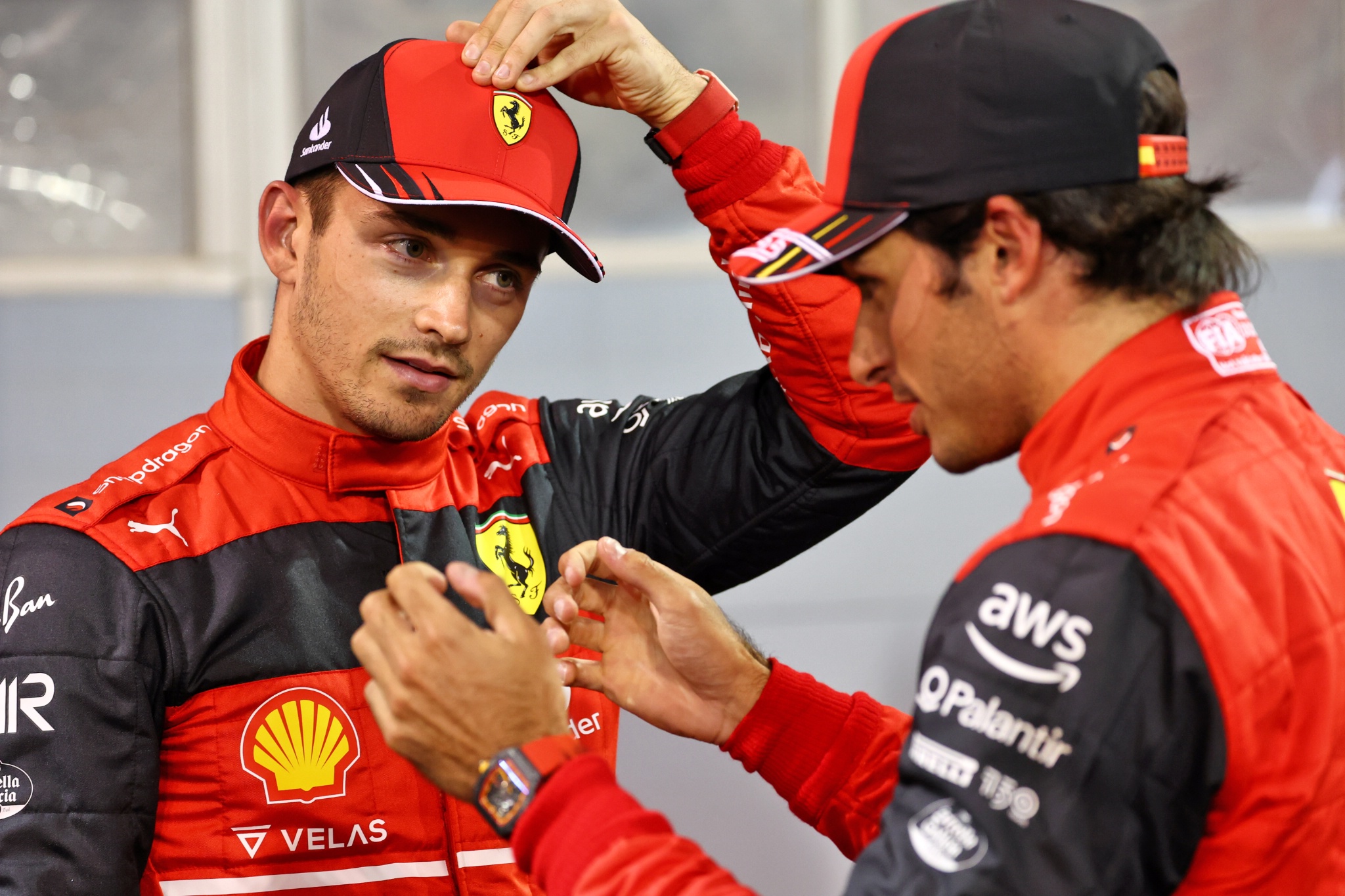 (L to R): Pole sitter Charles Leclerc (MON) Ferrari with team mate Carlos Sainz Jr (ESP) Ferrari in qualifying parc ferme.