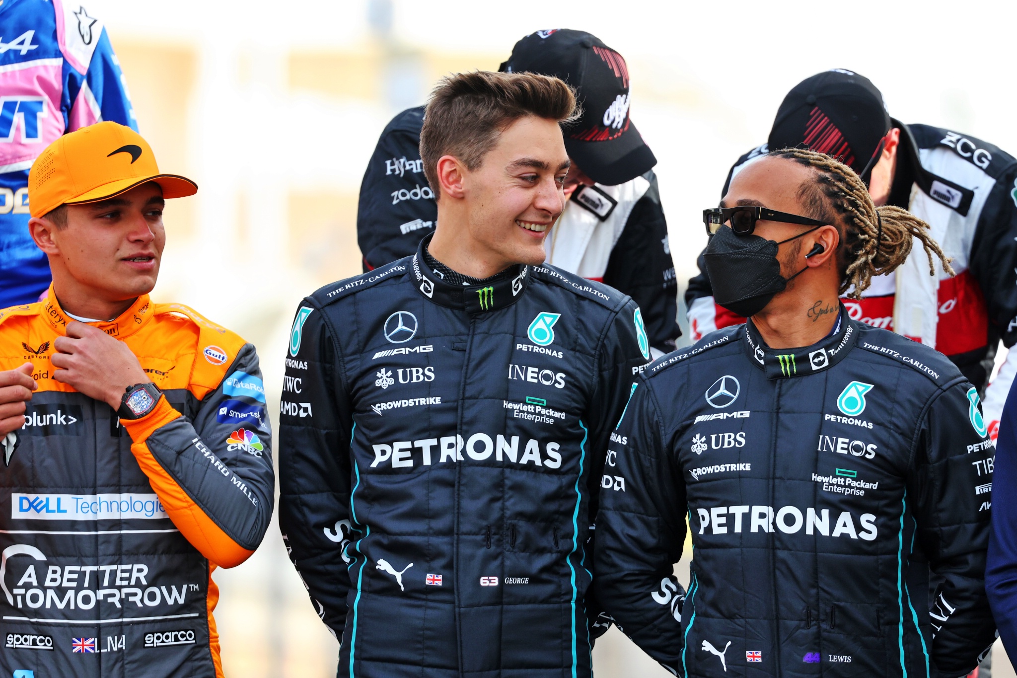 (L to R): Lando Norris (GBR) McLaren with George Russell (GBR) Mercedes AMG F1 and Lewis Hamilton (GBR) Mercedes AMG F1 at the start of season driver's photograph.