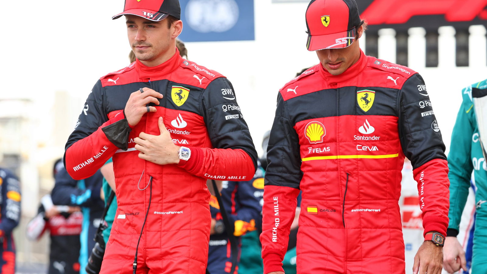 (L to R): Charles Leclerc (MON) Ferrari and Carlos Sainz Jr (ESP) Ferrari on the drivers parade.