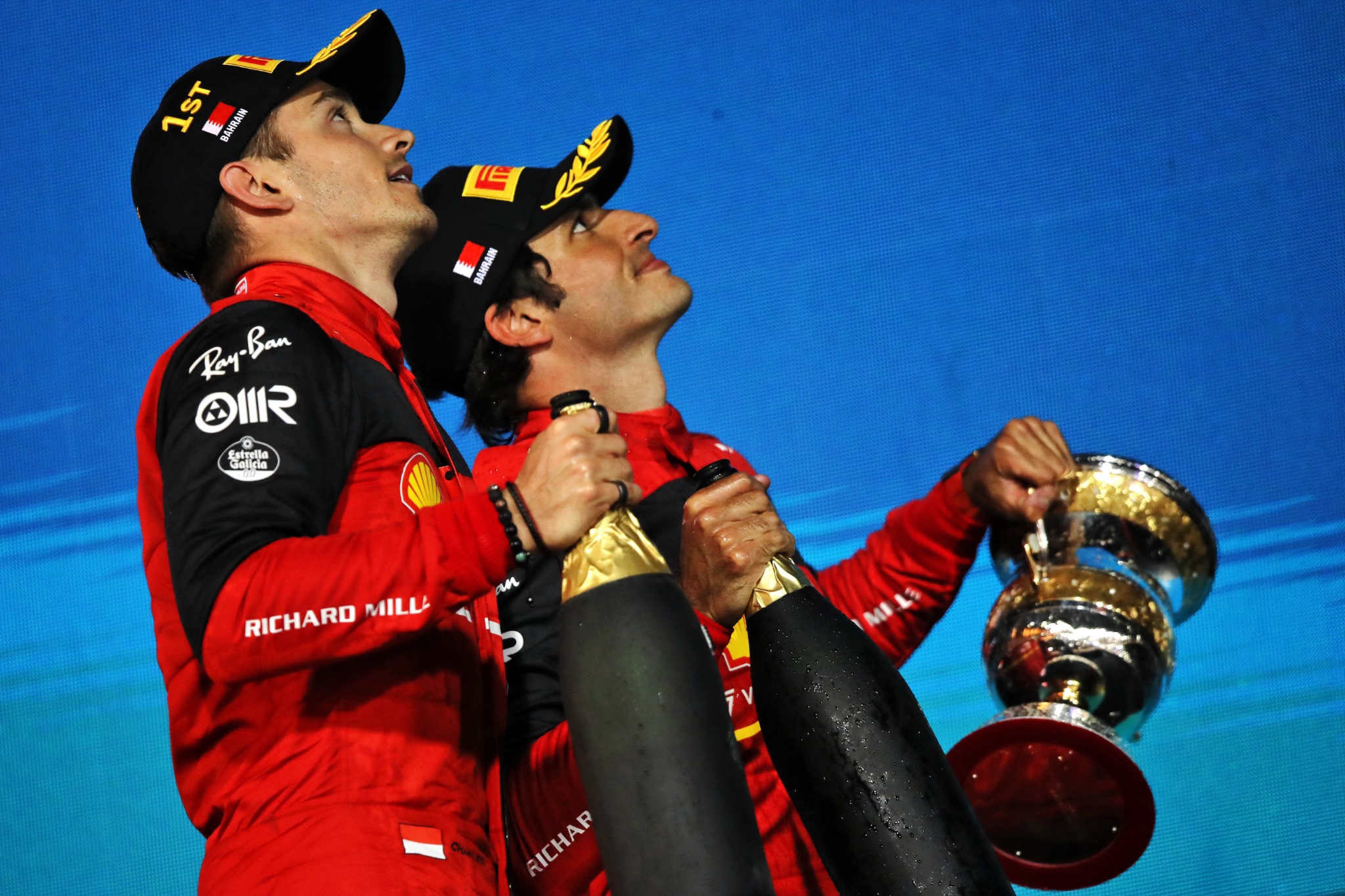 (L to R): Race winner Charles Leclerc (MON) Ferrari celebrates with second placed team mate Carlos Sainz Jr (ESP) Ferrari on the podium.