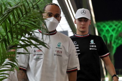 (L to R): Lewis Hamilton (GBR) Mercedes AMG F1 and team mate George Russell (GBR) Mercedes AMG F1.