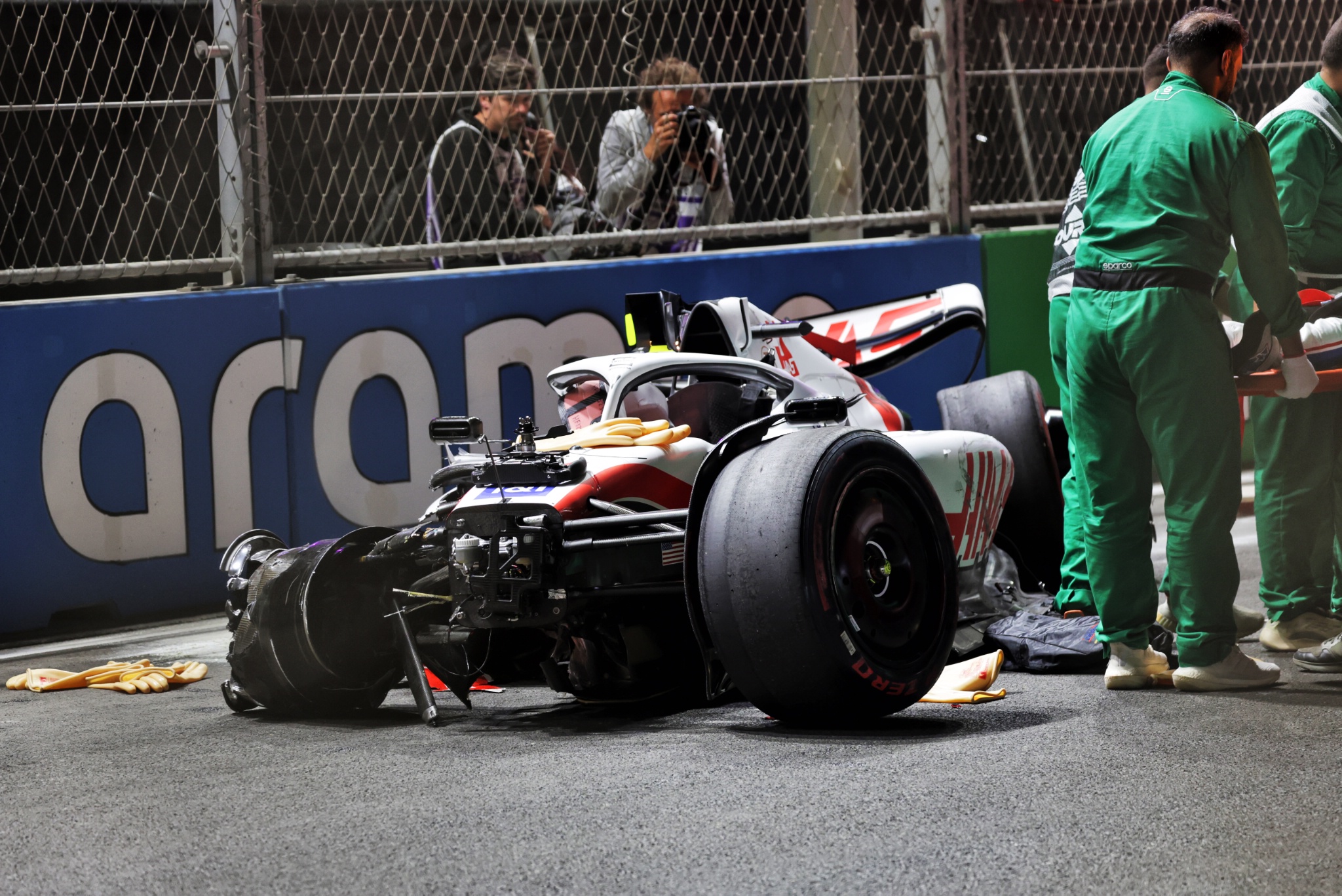 Mick Schumacher (GER) is extracted from his Haas VF-22 after he crashed during qualifying.