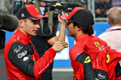 (L to R): Charles Leclerc (MON) Ferrari with team mate Carlos Sainz Jr (ESP) Ferrari in qualifying parc ferme.