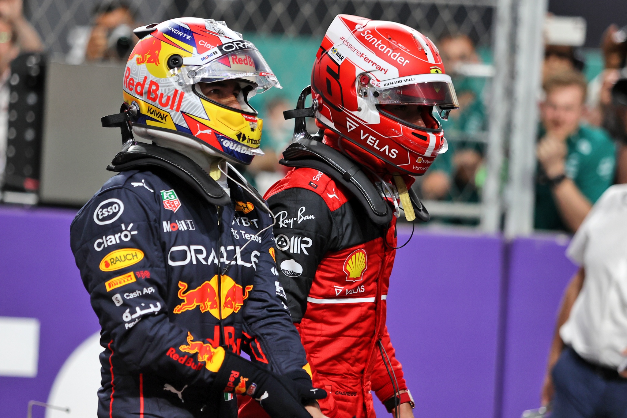 Pole sitter Sergio Perez (MEX) Red Bull Racing in qualifying parc ferme with Charles Leclerc (MON) Ferrari.