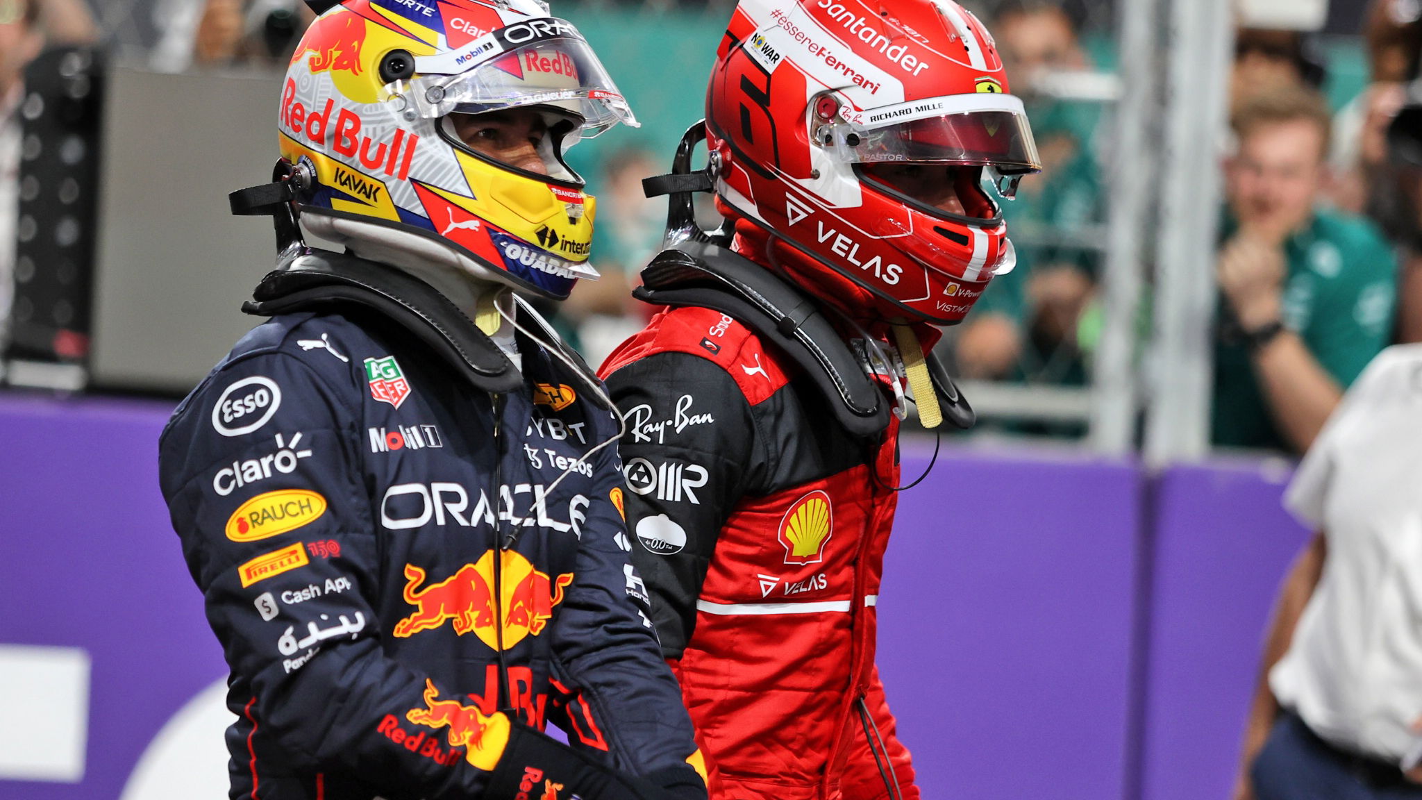 Pole sitter Sergio Perez (MEX) Red Bull Racing in qualifying parc ferme with Charles Leclerc (MON) Ferrari.