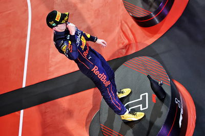 Race winner Max Verstappen (NLD) Red Bull Racing celebrates on the podium.