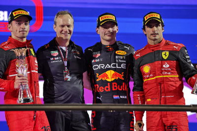 The podium (L to R): Charles Leclerc (MON) Ferrari, second; Paul Monaghan (GBR) Red Bull Racing Chief Engineer; Max Verstappen (NLD) Red Bull Racing, race winner; Carlos Sainz Jr (ESP) Ferrari, third.