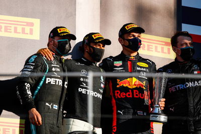 The podium (L to R): Valtteri Bottas (FIN) Mercedes AMG F1, second; Lewis Hamilton (GBR) Mercedes AMG F1, race winner; Alexander Albon (THA) Red Bull Racing, third.