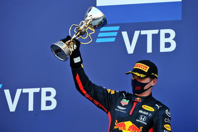 Max Verstappen (NLD) Red Bull Racing celebrates his second position on the podium.